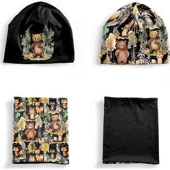 Panel se střihem S funkční úplet set čepice a nákrčník lesní dobrodružství zvířátek černá