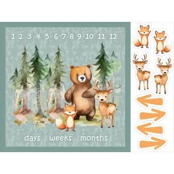 Imitace bavlny PANEL 160x120 - milníková deka lesní dobrodružství zvířátek tmavá máta