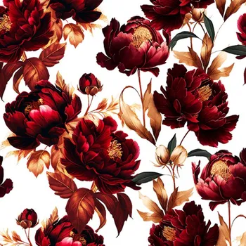 Hladký šifon/silky tmavě červené pivoňky na bílém