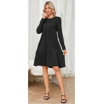 Dámské šaty MK1SK5 Módní šaty, dlouhý rukáv, žebrovaný vzor, pletenina, černá M