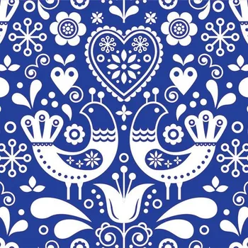 Látka na plavky, fitness oblečení lidové ptáčky vzor 2 bílé na modrém