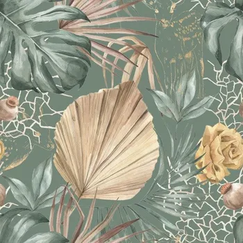 Látka na plavky, fitness oblečení premium Oasis - zlato zelené listy zelená