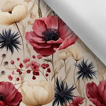 Látka s potiskem nepromokavý polyester TD/NS MAXI vzor máky 3D béžové