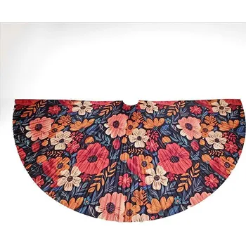 Panel na plisovanou půlkolovou sukni polomatný satén barevné květy na tmavě modré MAXI vzor