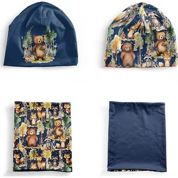 Panel se střihem M funkční úplet set čepice a nákrčník lesní dobrodružství zvířátek tmavě modrá