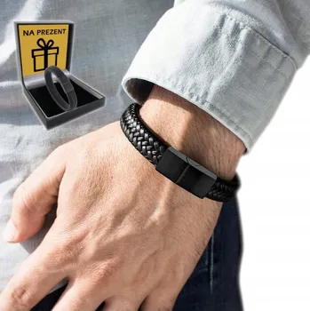 Náramek KOŽENÝ PÁNSKÝ NÁRAMEK TITANOVÝ ČERNÝ NÁRAMEK