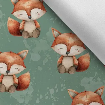 Látka s potiskem nepromokavý polyester TD/NS šitá liška tmavá máta