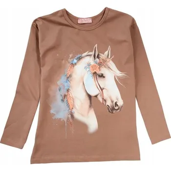 Dívčí halenka bavlna DLOUHÝ RUKÁV Kůň Květiny čokoládově hnědá 152 T002M