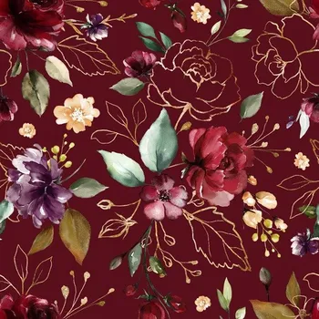 Látka na plavky, fitness oblečení premium zlaté květiny bordó