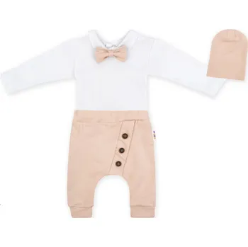 Kojenecký body Baby Nellys 3-dílná sada Hubert, body s motýlkem dl.rukáv, tepláčky a čepička - béžový Velikost: 86 (12-18m)