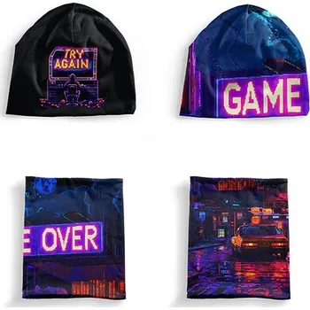 Panel se střihem M funkční úplet set čepice a nákrčník game over 1