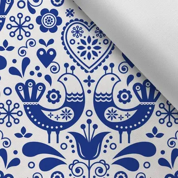 Látka s potiskem kočárkovina TD/NS lidové ptáčky vzor 1 modré na bílém