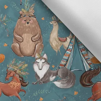 Látka s potiskem kočárkovina TD/NS vzor indiana boy tyrkys