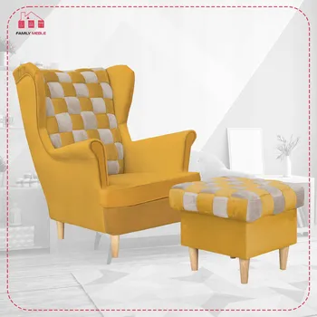 Křeslo Křeslo ušák Carol Duo s podnožkou, skandinávský styl Family Meble, žlutá/šedá