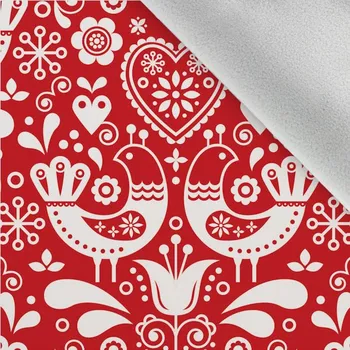 Látka softshell zimní lidové ptáčky vzor 4 bílé na červeném