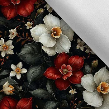 Látka s potiskem nepromokavý polyester TD/NS narcis na černé