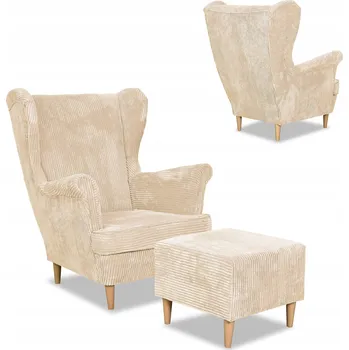 Křeslo Křeslo ušák Bonito s podnožkou, skandinávský styl Family Meble, béžový manšestr