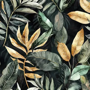 Satén elastický černo zlaté listí