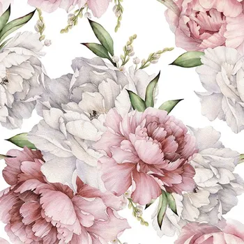 Hladký šifon/silky pivoňky na bílé - zrcadlový vzor