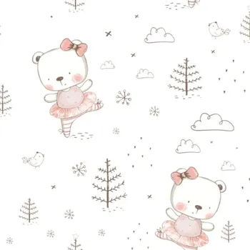 Látka hladké minky s potiskem starorůžový medvídek v bílém lese