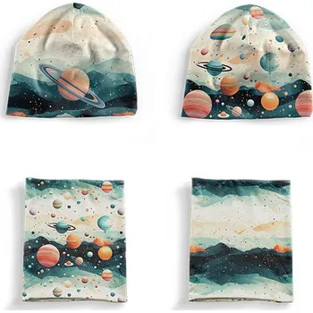 Panel se střihem XS funkční úplet set čepice a nákrčník barevný vesmír