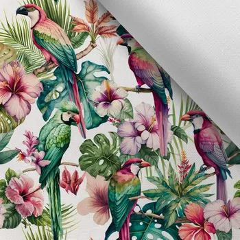 Látka s potiskem kočárkovina TD/NS tropičtí papoušci bílí