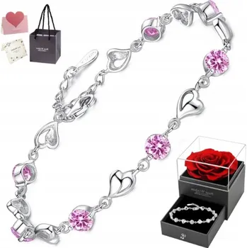 Náramek Elegancka Bransoletka Srebrna Damska Różowa Srdce se Zirkony ITALSKÁ RŮŽE
