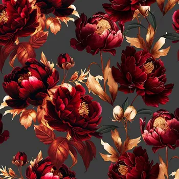 Strečový satén tmavě červené pivoňky na šedém