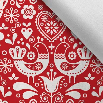 Látka s potiskem kočárkovina TD/NS ptáčky bílé na červeném