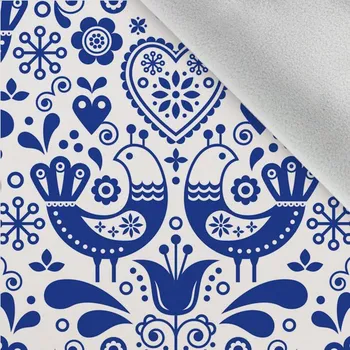 Látka softshell zimní lidové ptáčky vzor 1 modré na bílém