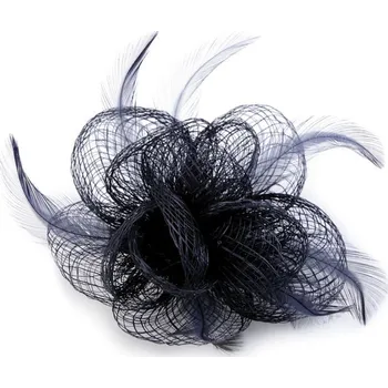 Ozdoba do vlasů Brož / ozdoba do vlasů květ s peřím, střední, 4 modrá tmavá