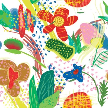 Strečový satén abstrakt květy bílé