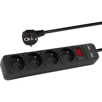 Prodlužovací kabel Síťová prodlužovačka PR-470WSP/USB 4-Zásuvky+USB s uzemněním+vypínač 1,5m ČERNÝ 3x1,5mm
