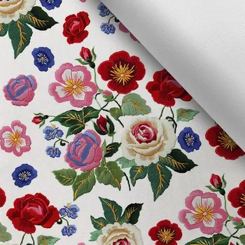 Látka s potiskem nepromokavý polyester TD / NS výšivka květiny růže potisk