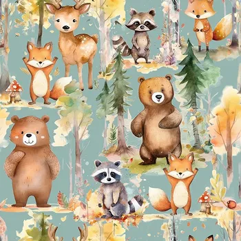 Fleece 240g lesní dobrodružství zvířátek tmavá máta