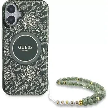 Pouzdro na mobilní telefon GUESS Flowers Allover Electro Pearl Strap MagSafe iPhone 16 Plus - zelená