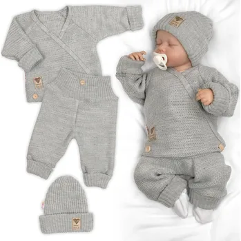 Dětská móda Baby Nellys Rostoucí pletený zavinovací svetřík, kalhoty a čepice, 3D - šedá Velikost: 56/62