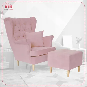 Křeslo Křeslo ušák Gaja s podnožkou, skandinávský styl Family Meble, růžové s taburetem
