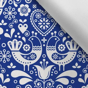Látka s potiskem kočárkovina TD/NS lidové ptáčky vzor 2 bílé na modrém
