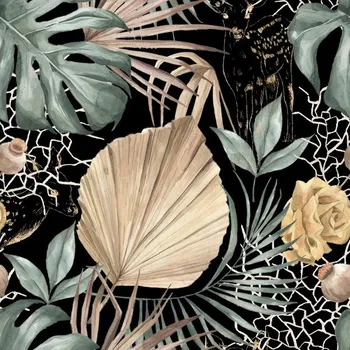 Látka softshell jarní - OASIS zlato zelené listy černá