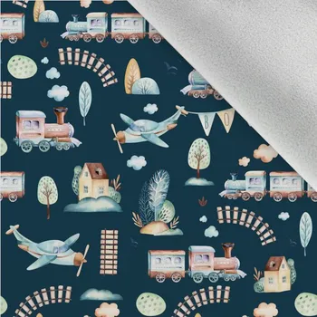 Látka softshell zimní trains/vláčky tmavě modré