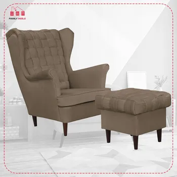 Křeslo Křeslo ušák Carol s podnožkou, skandinávský styl Family Meble hnědá béžová