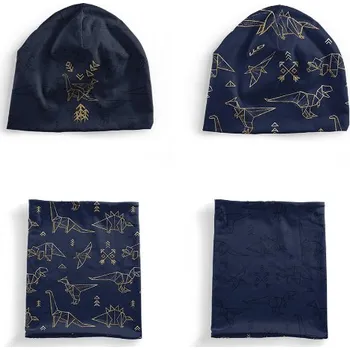 Panel se střihem XS funkční úplet set čepice a nákrčník geometričtí dinosauři