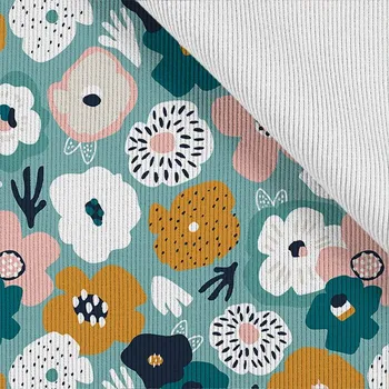 Funkční žebrovaný náplet metráž veselé květy - velký vzor