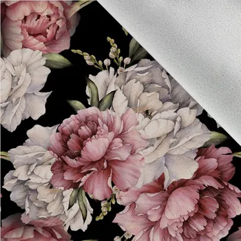 Látka softshell zimní - pivoňky na černé