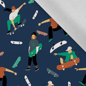 Látka softshell zimní pružný skejťáci na tmavě modré zvětšený vzor