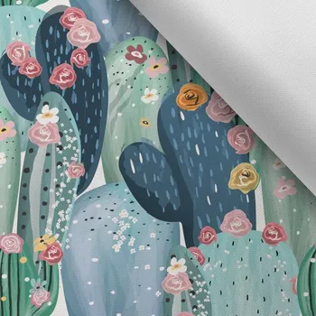 Látka s potiskem kočárkovina TD/NS kaktus na tyrkysovém podkladě