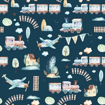 Látka letní softshell trains/vláčky tmavě modré