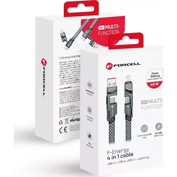 Datový kabel Kabel Forcell F-Energy C241 4v1 USB-C/USB-A na USB-C/Lightning QC PD 3A 60W 1m chrome