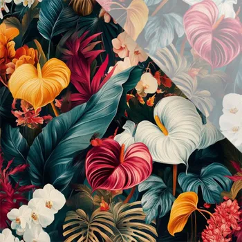 Umělé hedvábí / silky mírně elastické barevné tropické květiny